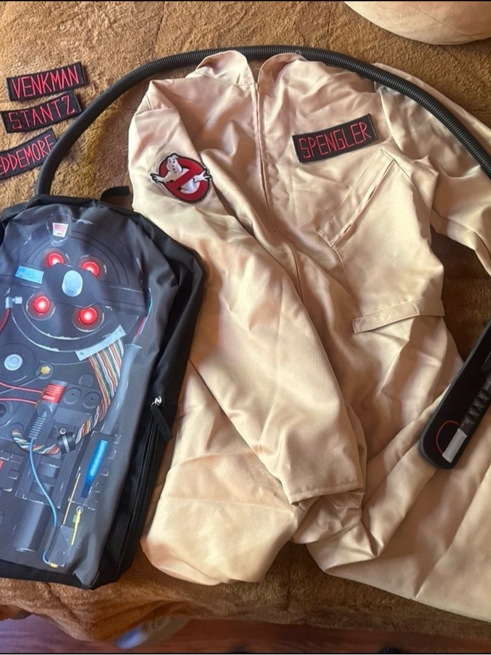 Adult Ghostbuster-Style Beige Costume Jumpsuit with Name Patch backpack